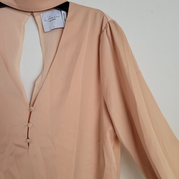 NEW L'Academie The Harper Choker Long Sleeve V Neck Blouse in Rose Pink Sz Small - Picture 7 of 14